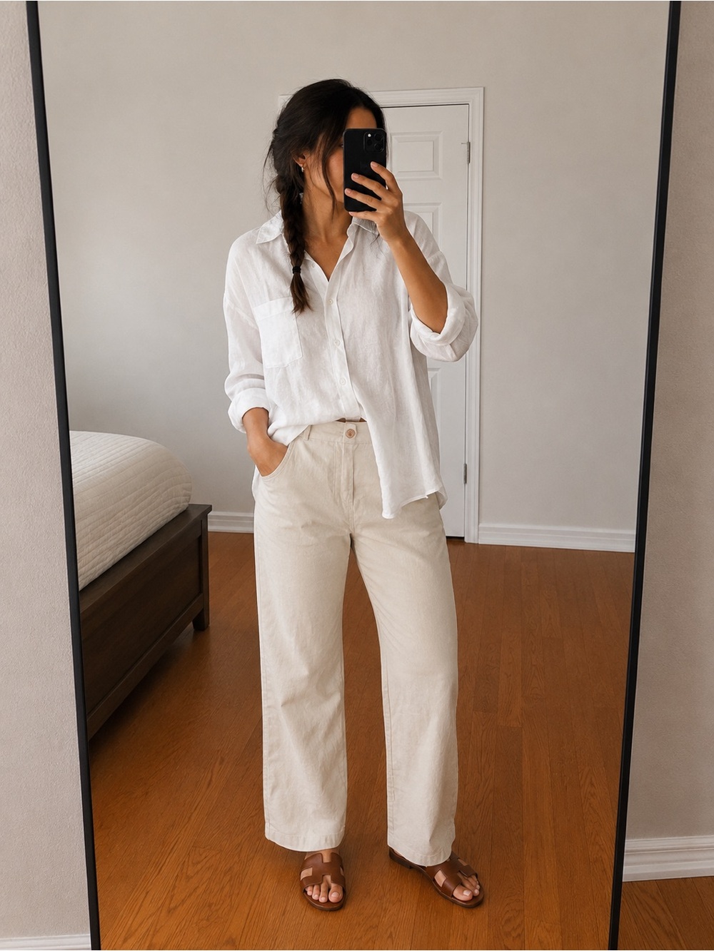Linen Blend Slim Straight Cream Pants